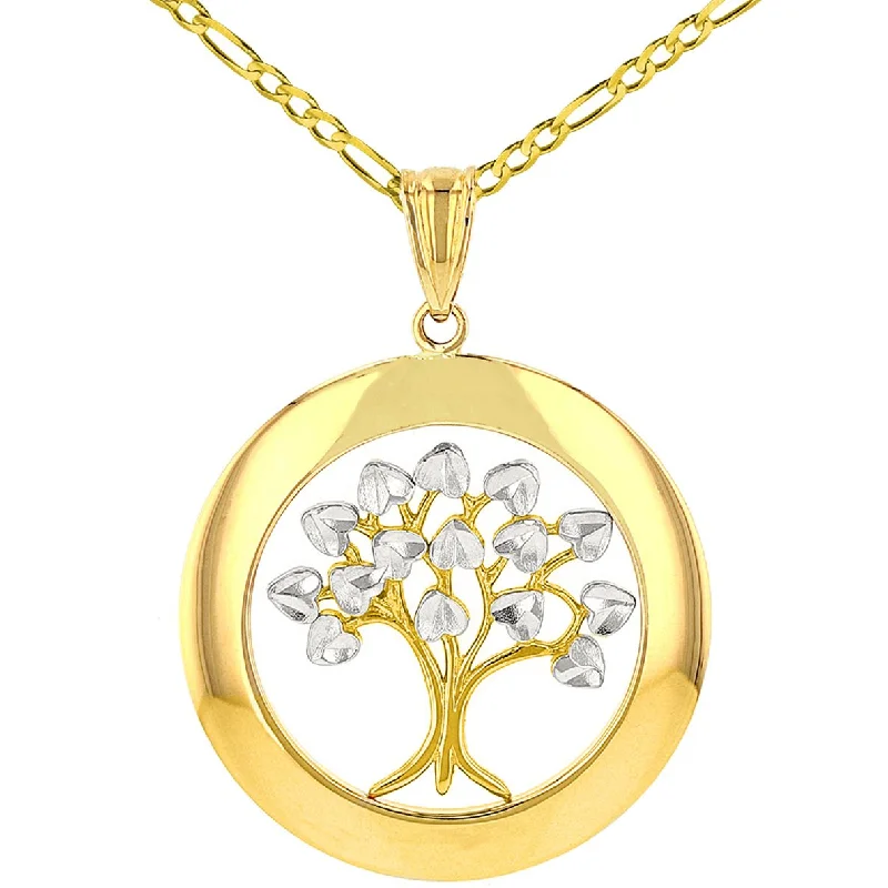 Jewelry America High Polished 14K Yellow Gold Round Tree of Life Pendant Figaro Necklace