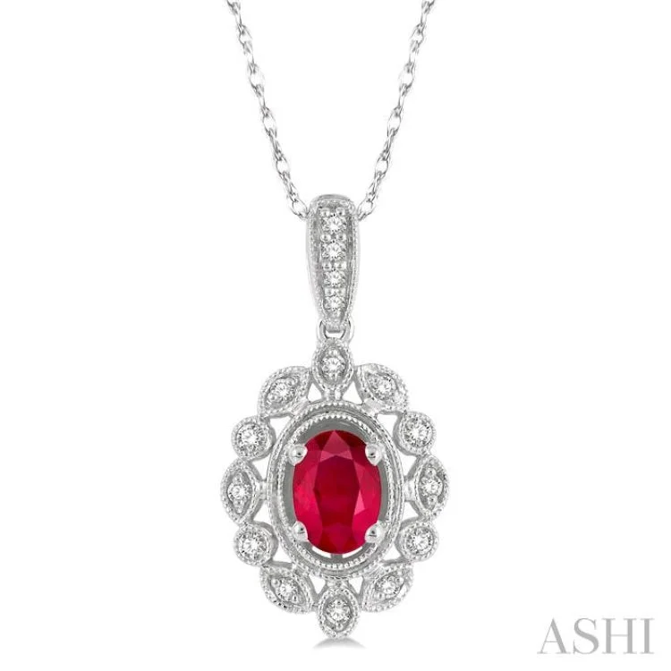 1/8 Ctw Lattice Round Cut Diamond & 6x4MM Oval Cut Ruby Precious Pendant With Chain in 10K White Gold