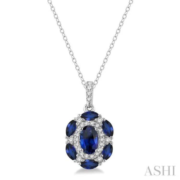 1/6 Ctw Oval 6x4MM & Marquise 4x2MM Sapphire and Round Cut Diamond Precious Pendant With Chain in 14K White Gold