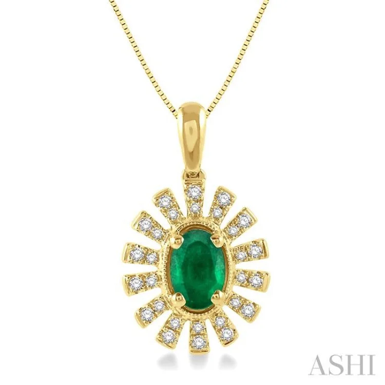 1/8 Ctw Floral Pattern 6x4mm Oval Cut Emerald & Round Cut Diamond Precious Pendant With Chain in 10K Yellow Gold