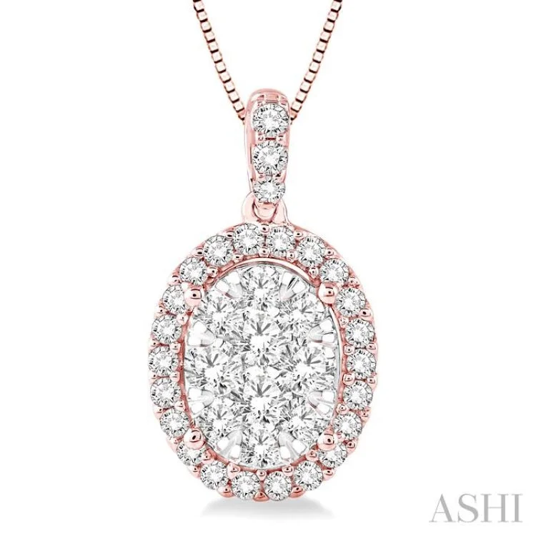 1 Ctw Oval Shape Diamond Lovebright Pendant in 14K Rose and White Gold with Chain