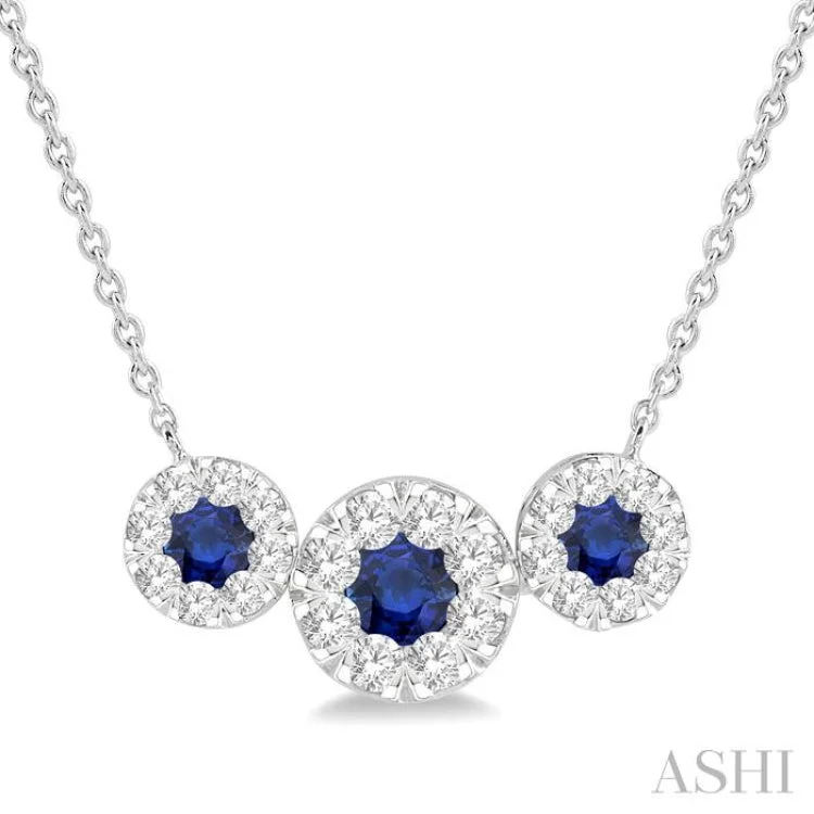 5/8 ctw Tri Stone 3.80MM & 3MM Sapphire and Round Cut Diamond Precious Necklace in 14K White Gold