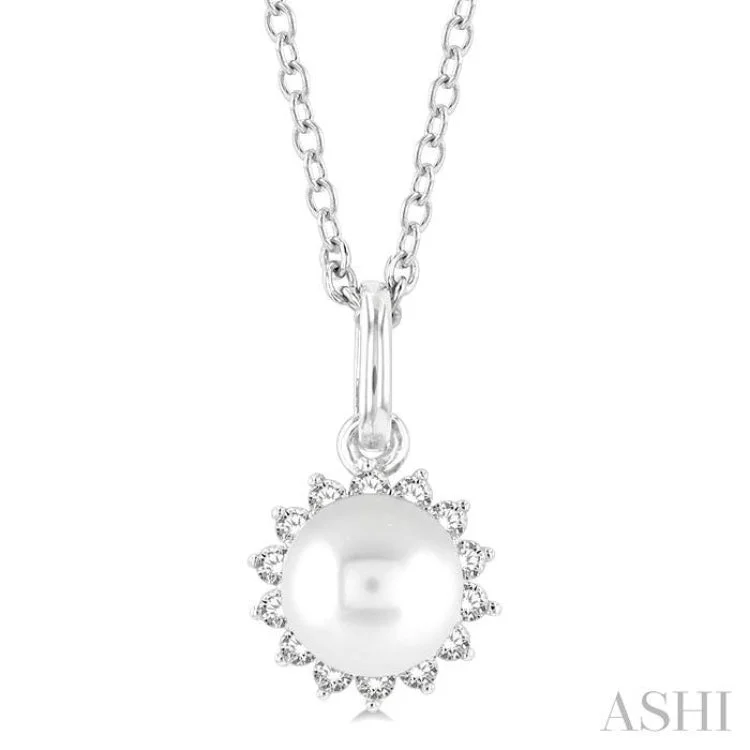 1/10 ctw Petite 6X6MM Pearl and Round Cut Diamond Fashion Pendant With Chain in 10K White Gold