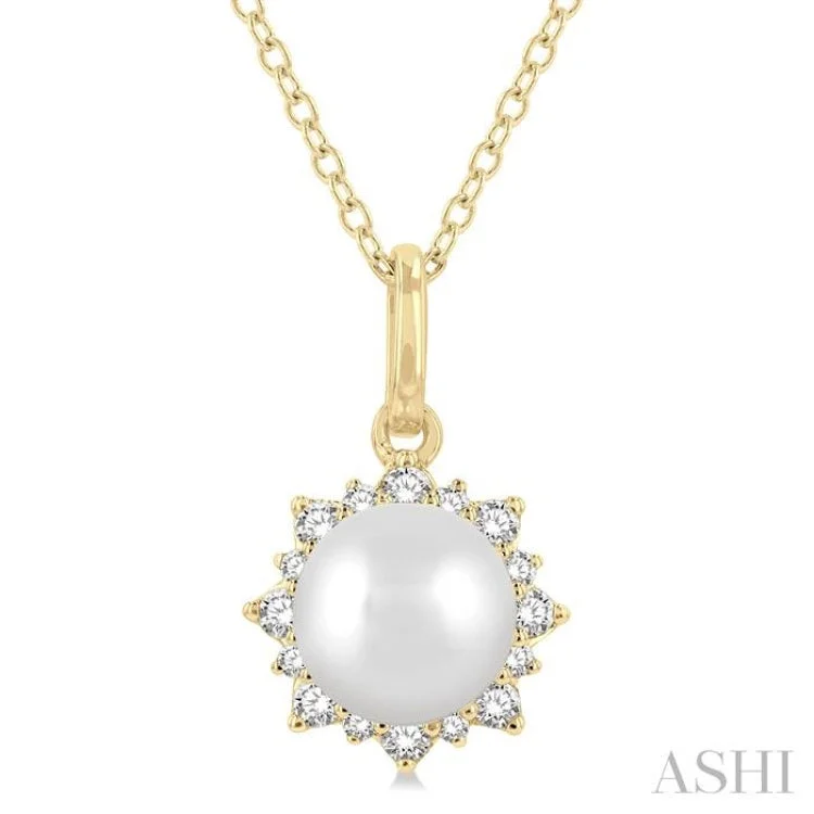 1/10 ctw Petite Sun 6X6MM Pearl and Round Cut Diamond Fashion Pendant With Chain in 10K Yellow Gold