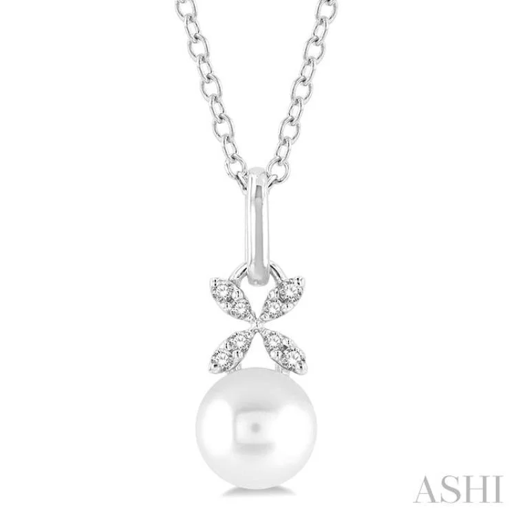 1/50 ctw Petite Floral Round Cut Diamond and 6X6MM Pearl Fashion Pendant With Chain in 10K White Gold