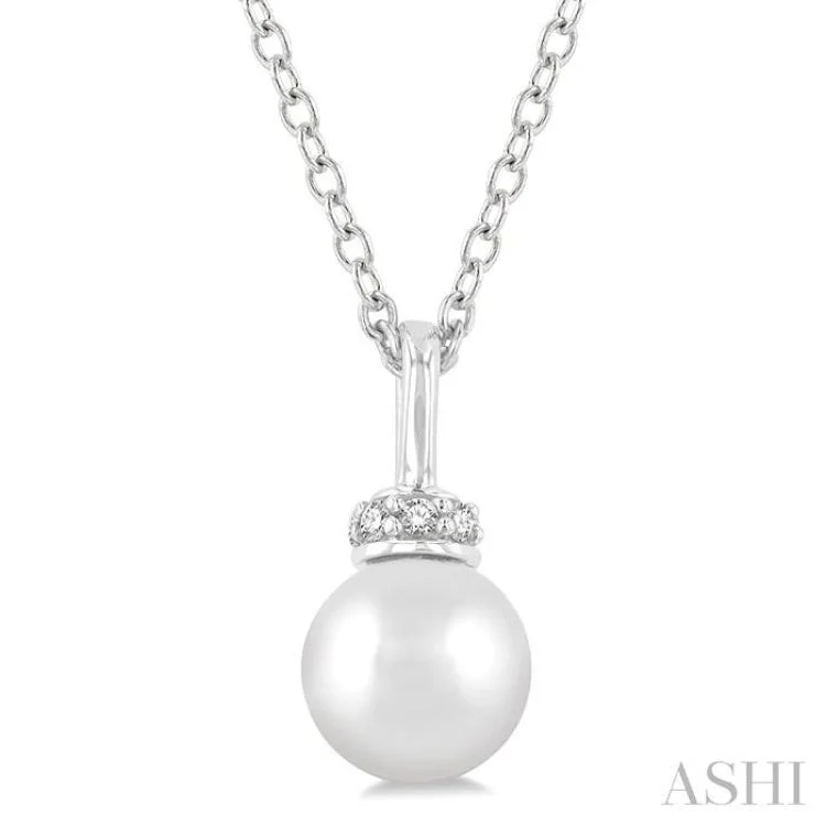 1/20 ctw Petite 6X6MM White Pearl and Round Cut Diamond Crown Fashion Pendant With Chain in 10K White Gold