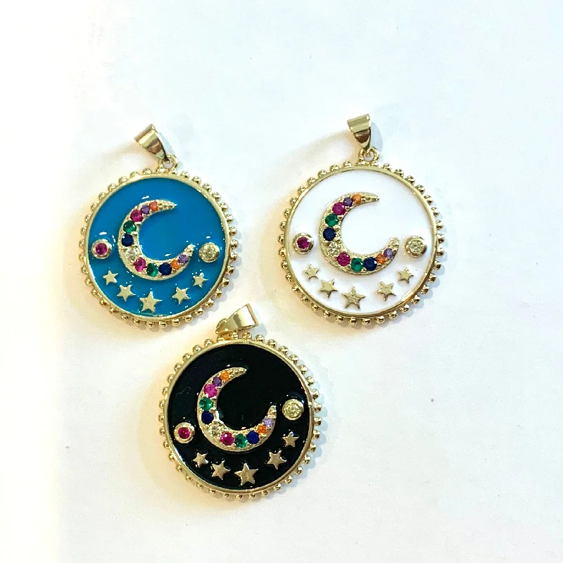 Enamel And Rainbow CZ Star And Moon Disk Charm