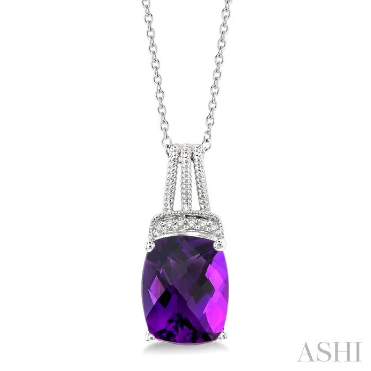 1/50 Ctw Looped Round Cut Diamond & 10x8MM Cushion Cut Amethyst Semi Precious Pendant With Chain in Sterling Silver