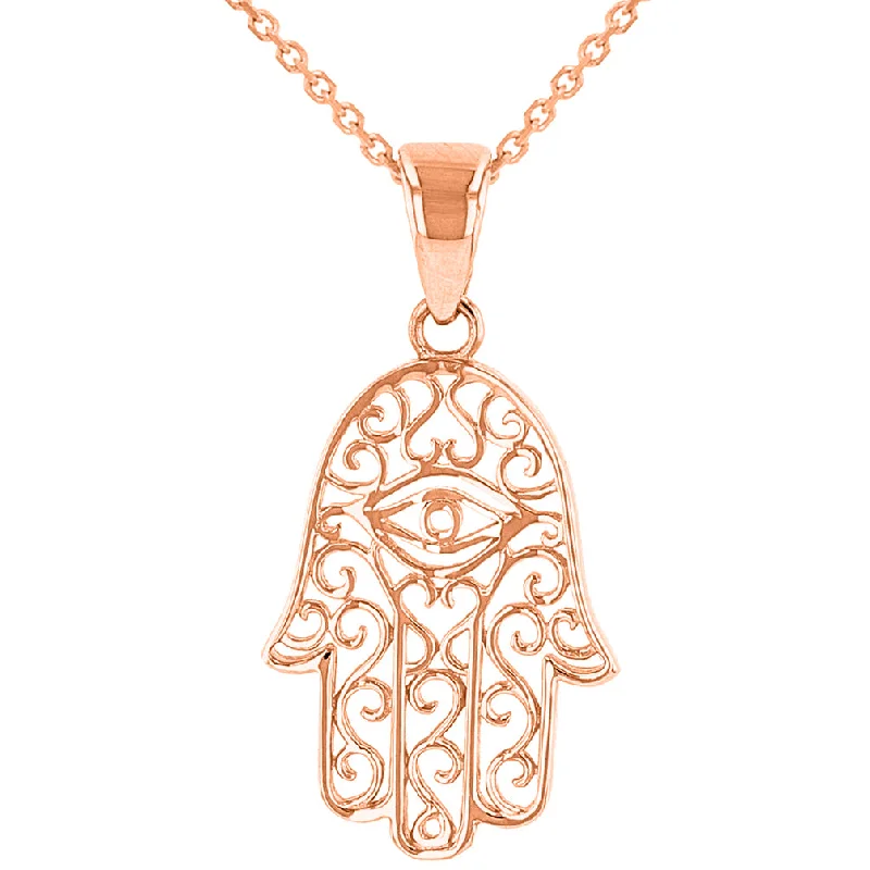 Solid 14K Rose Gold Filigree Hamsa Hand of Fatima with Evil Eye Pendant Necklace