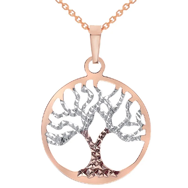 Solid 14k Rose Gold Textured Reversible Round Tree of Life Pendant Necklace