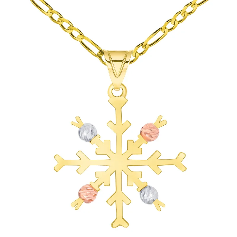 Solid 14k Tri-Color Gold High Polish Snowflake with Textured Beads Pendant Available with Figaro Chain