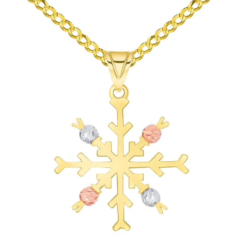 Solid 14k Tri-Color Gold High Polish Snowflake with Textured Beads Pendant Available with Curb Chain