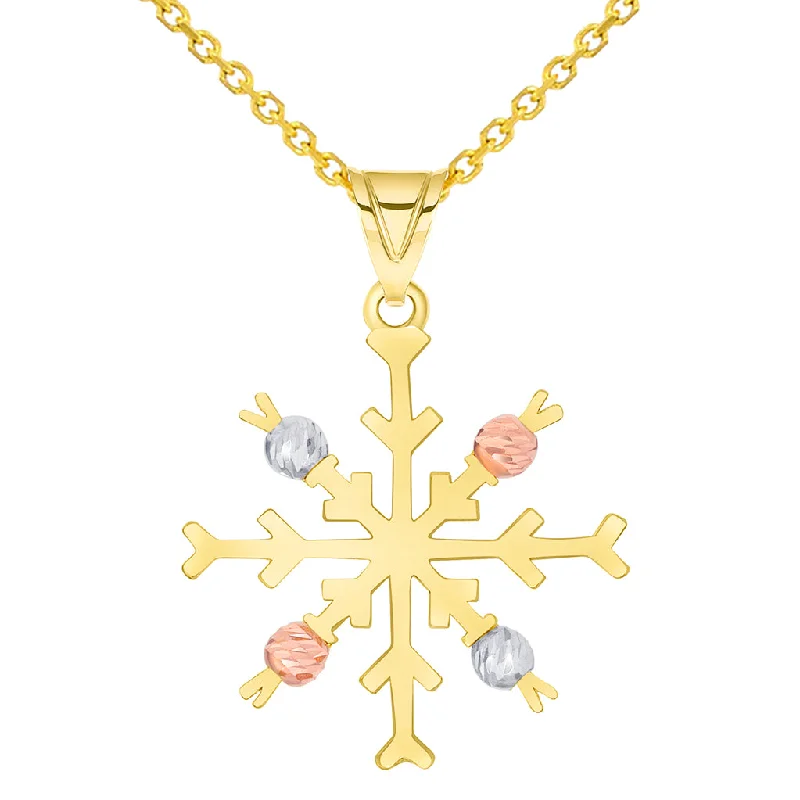 Solid 14k Tri-Color Gold High Polish Snowflake with Textured Beads Pendant Available with Cable Chain