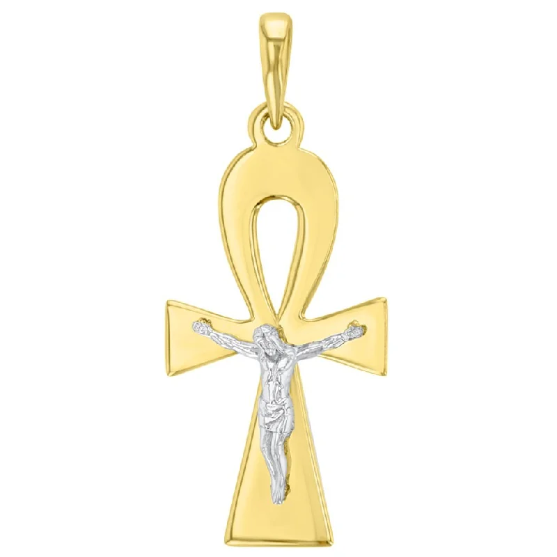 Solid 14K Two-Tone Egyptian Ankh Cross with Jesus Christ Crucifix Pendant