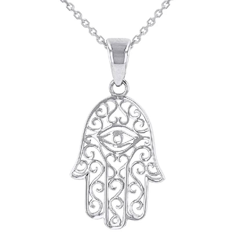 Solid 14K White Gold Filigree Hamsa Hand of Fatima with Evil Eye Pendant Necklace