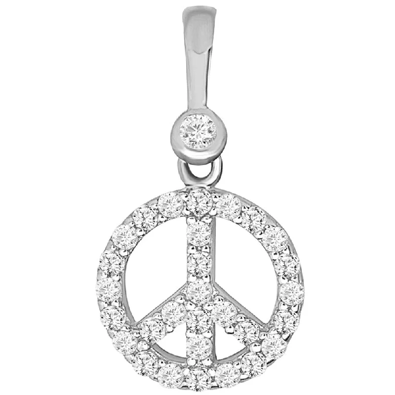 Solid 14k White Gold Mini Peace Symbol Charm Pendant with Cubic Zirconia