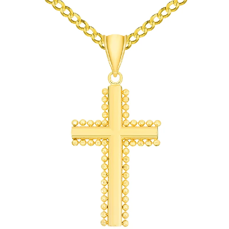 Solid 14k Yellow Gold Beaded Edged Plain Religious Cross Pendant Necklace with Curb Chain Necklaces