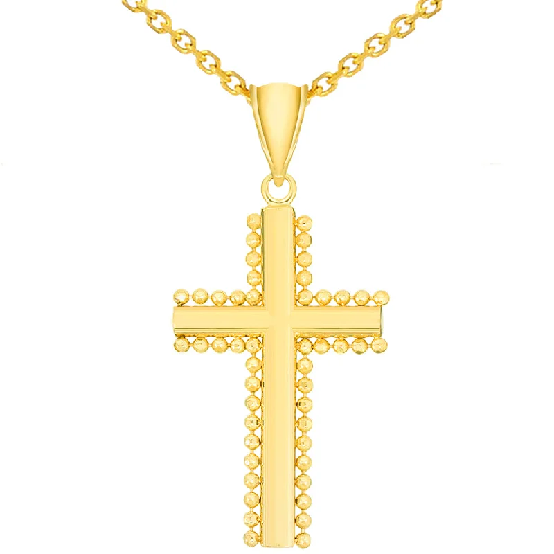 Solid 14k Yellow Gold Beaded Edged Plain Religious Cross Pendant Necklace with Cable Chain Necklace