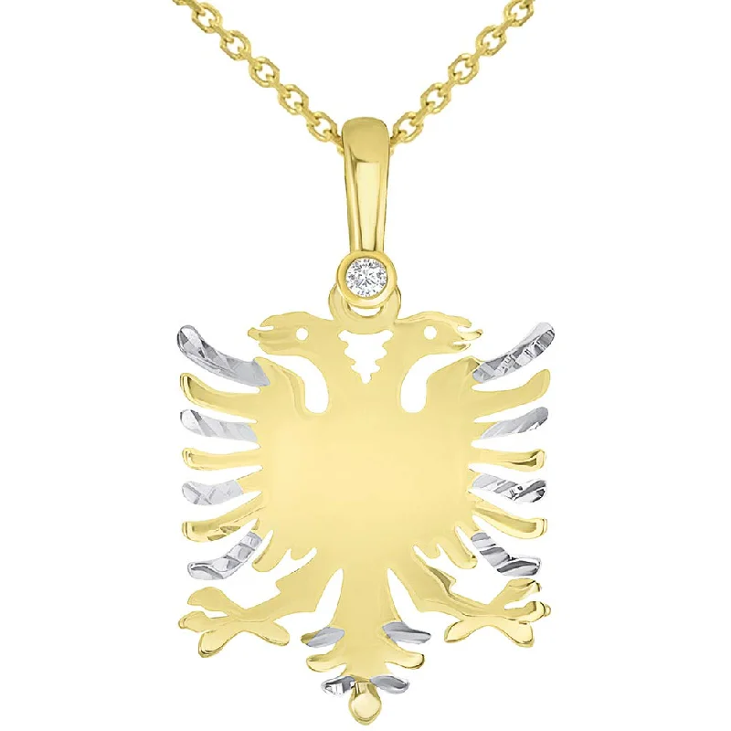 Solid 14k Yellow Gold Cubic-Zirconia Double-Headed Eagle National Symbol of Albania Pendant Necklace Available with Cable, Curb, or Figaro Chain