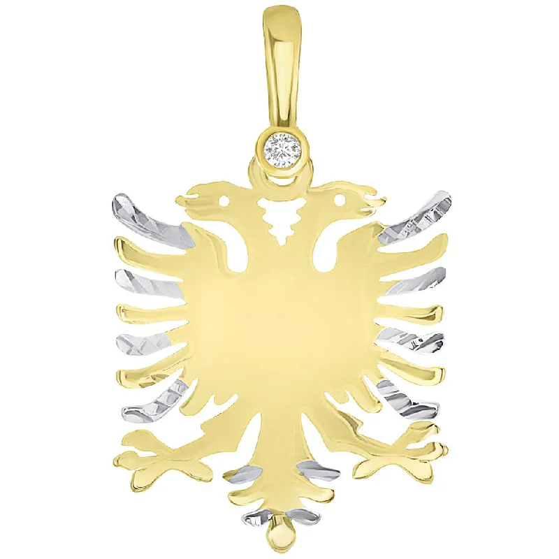 Solid 14k Yellow Gold Cubic-Zirconia Double-Headed Eagle National Symbol of Albania Pendant