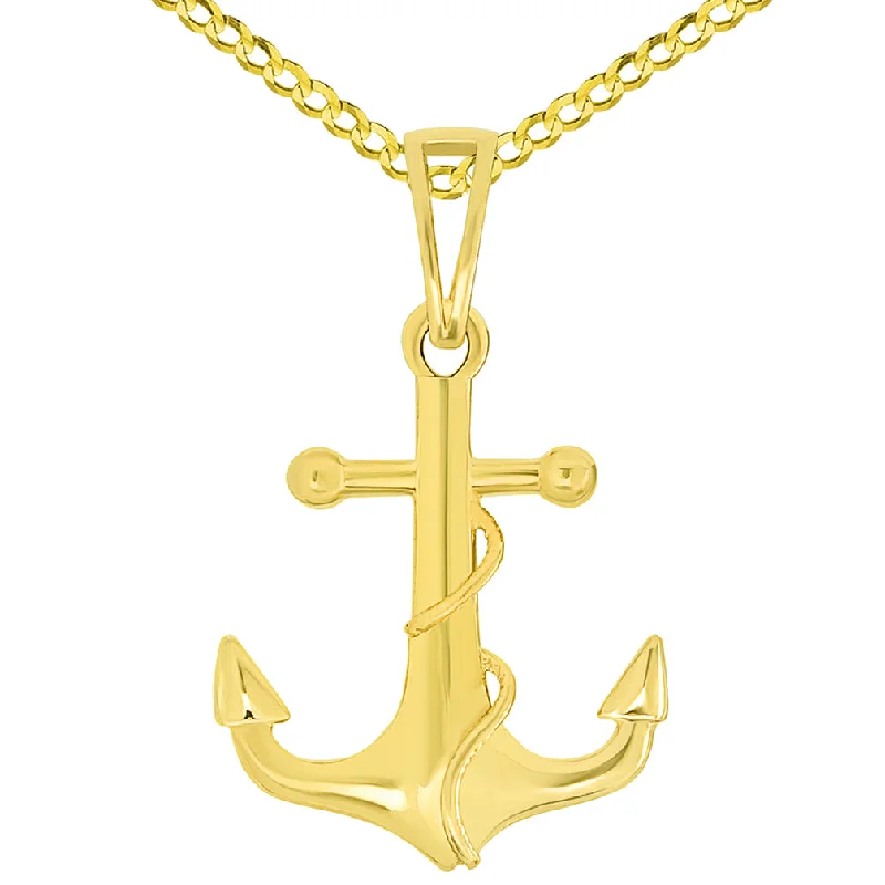 Solid 14k Yellow Gold Maritime Anchor with Rope Pendant Necklace Available with Curb Chain Necklaces