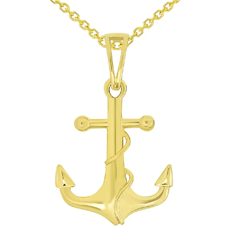 Solid 14k Yellow Gold Maritime Anchor with Rope Pendant Necklace Available with Cable Chain Necklaces