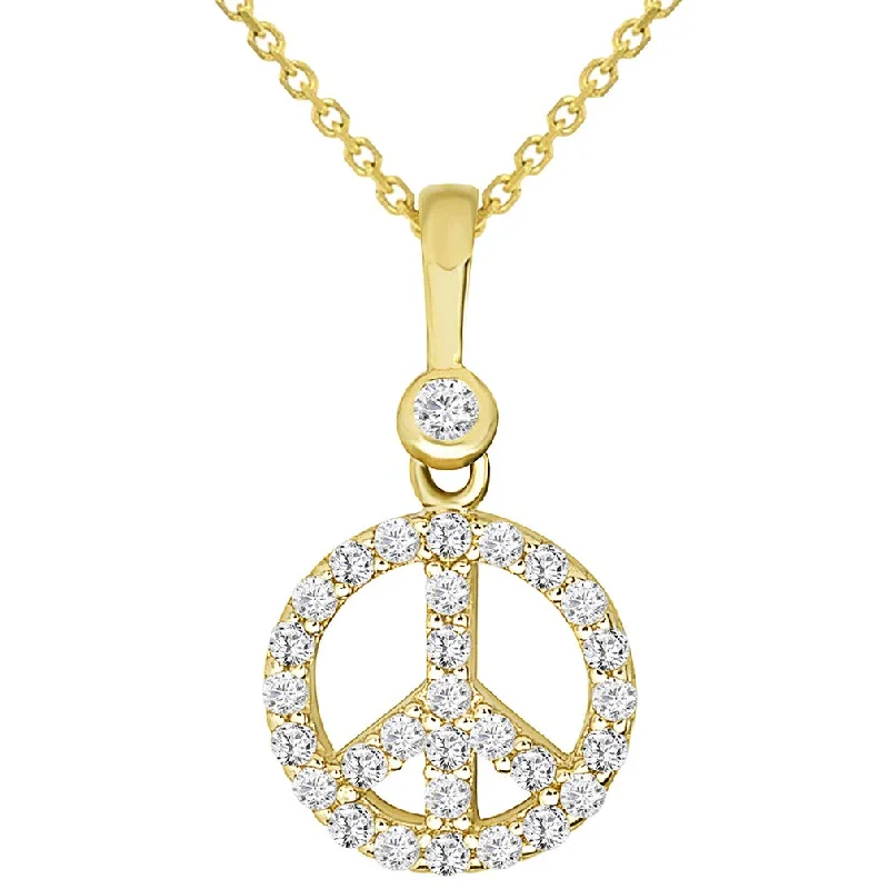 Solid 14k Yellow Gold Mini Peace Symbol Charm Pendant Necklace with Cubic Zirconia