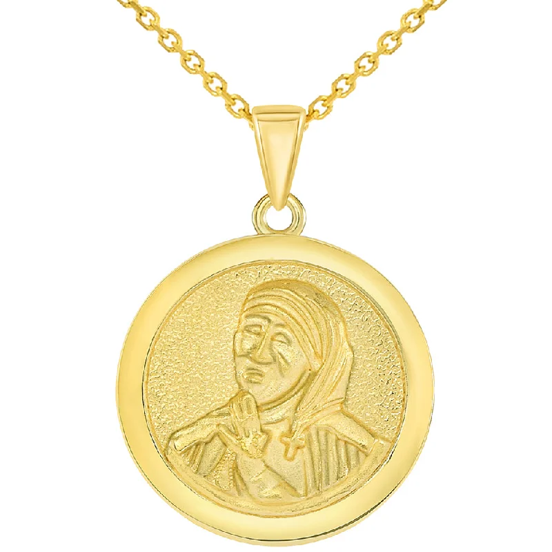 Solid 14k Yellow Gold Round Mother Teresa Medallion Pendant Necklace