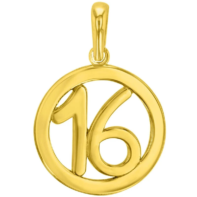 Solid 14K Yellow Gold Round Number Sixteen Charm Pendant