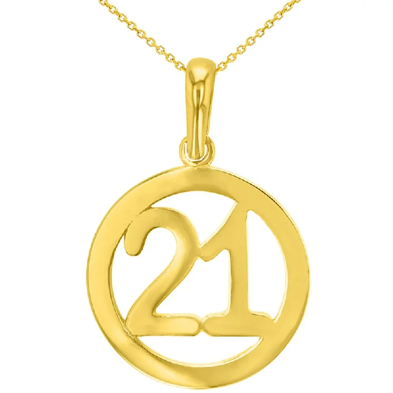 Solid 14K Yellow Gold Round Number Twenty One Charm Pendant Necklace