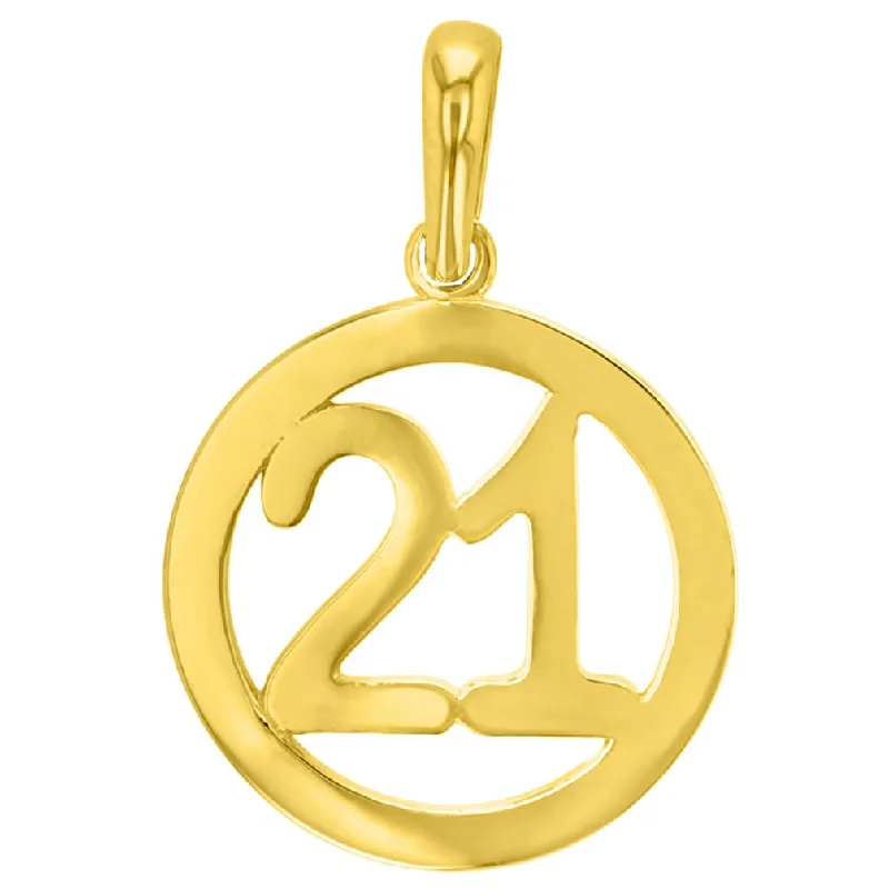 Solid 14K Yellow Gold Round Number Twenty One Charm Pendant