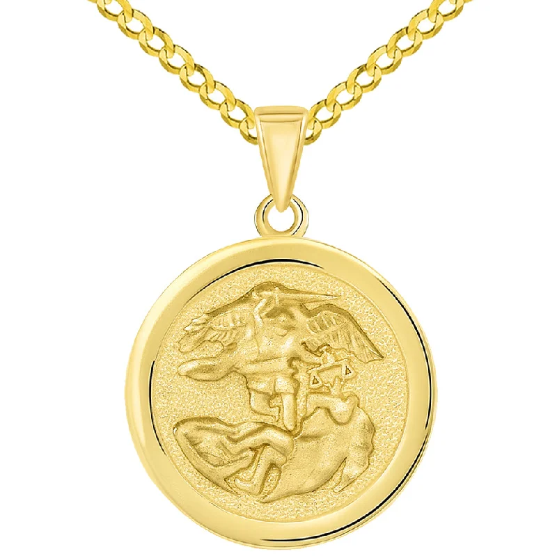 Solid 14k Yellow Gold Round Saint Michael the Archangel Medallion Pendant with Curb Chain Necklace