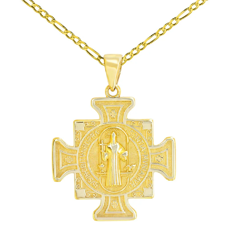 Solid 14K Yellow Gold Saint Benedict Cross Charm Pendant Figaro Chain Necklace