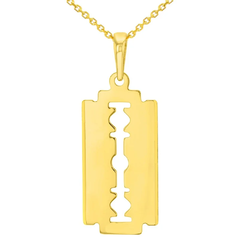 Solid 14K Yellow Gold Sharp Edged Razor Blade Pendant Necklace