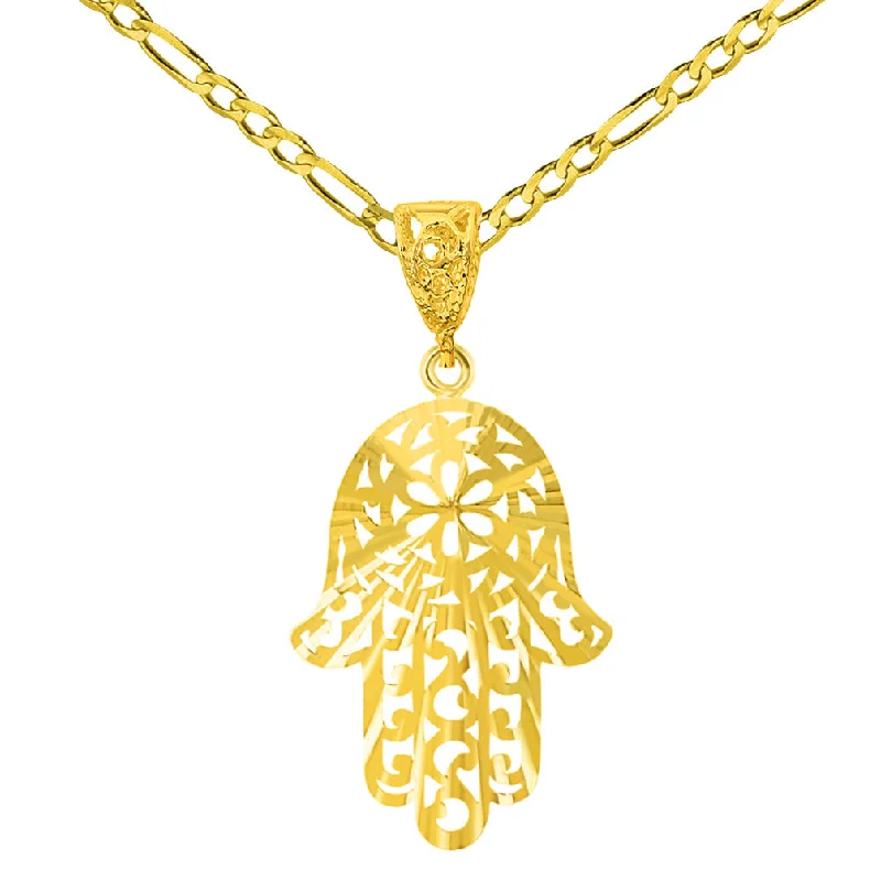 Solid 14K Yellow Gold Textured Filigree Hamsa Hand of Fatima Pendant Necklace