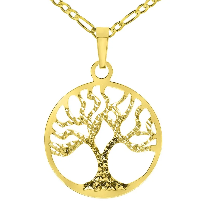 Solid 14k Yellow Gold Textured Reversible Round Tree of Life Pendant Necklace Available with Figaro Chain