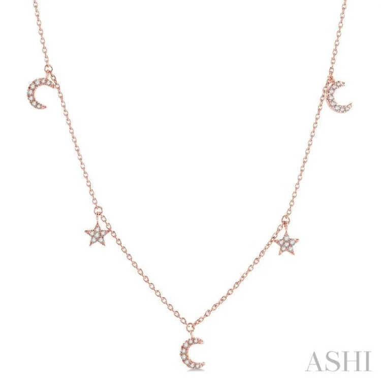 1/8 ctw Star and Moon Crescent Round Cut Diamond Necklace in 14K Rose Gold