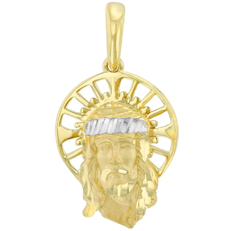 Textured 14K Yellow Gold Dainty Halo Jesus Christ Face Pendant