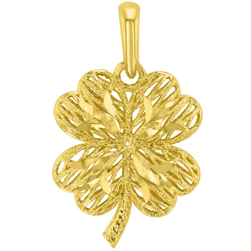 Textured 14k Yellow Gold Puffed 3-D Four Leaf Clover Pendant