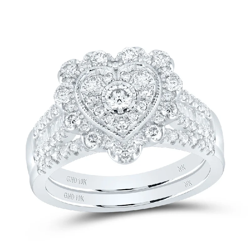 10kt White Gold Round Diamond Heart Bridal Wedding Ring Band Set 7/8 Cttw