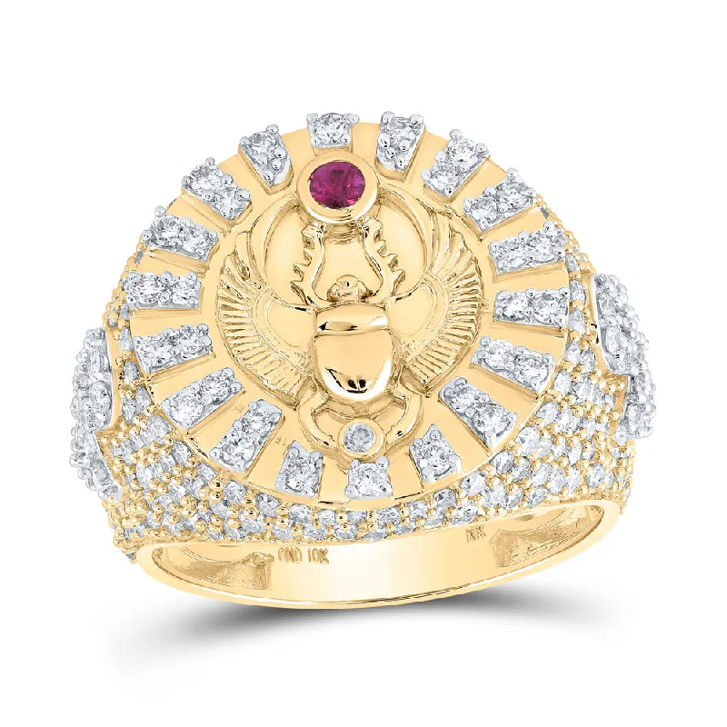 10kt Yellow Gold Mens Round Ruby Diamond Scarab Circle Ring 2-5/8 Cttw