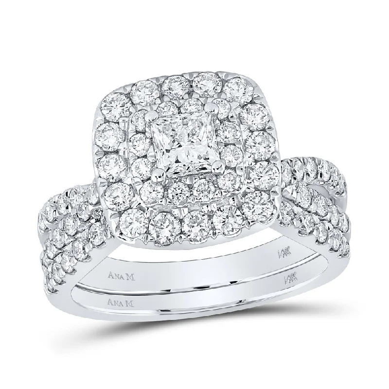 14kt White Gold Princess Diamond Square Bridal Wedding Ring Band Set 2 Cttw