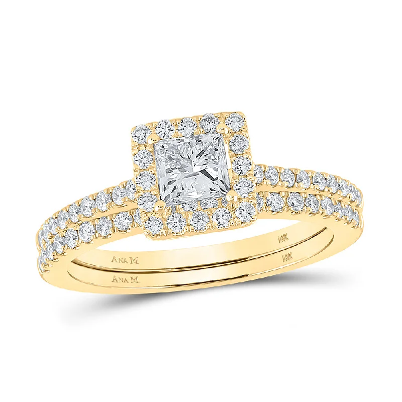 14kt Yellow Gold Princess Diamond Square Halo Bridal Wedding Ring Band Set 1-1/4 Cttw