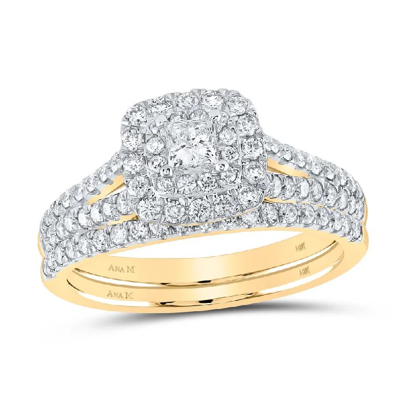 14kt Yellow Gold Princess Diamond Square Halo Bridal Wedding Ring Band Set 1 Cttw