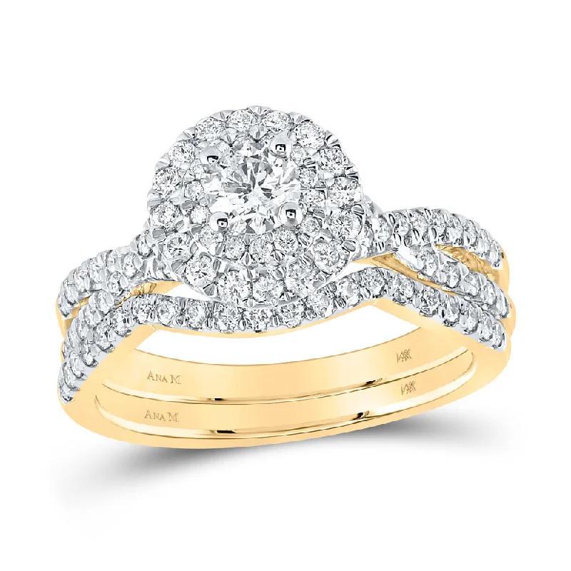 14kt Yellow Gold Round Diamond Halo Bridal Wedding Ring Band Set 1 Cttw