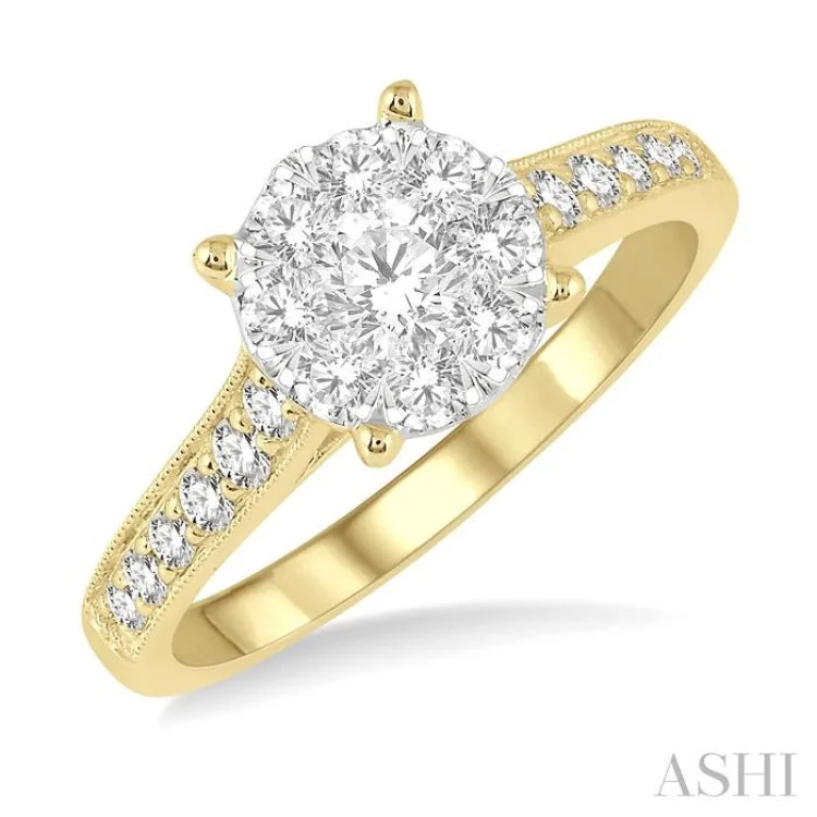 3/4 Ctw Lovebright Round Cut Diamond Engagement Ring in 14K Yellow and White Gold