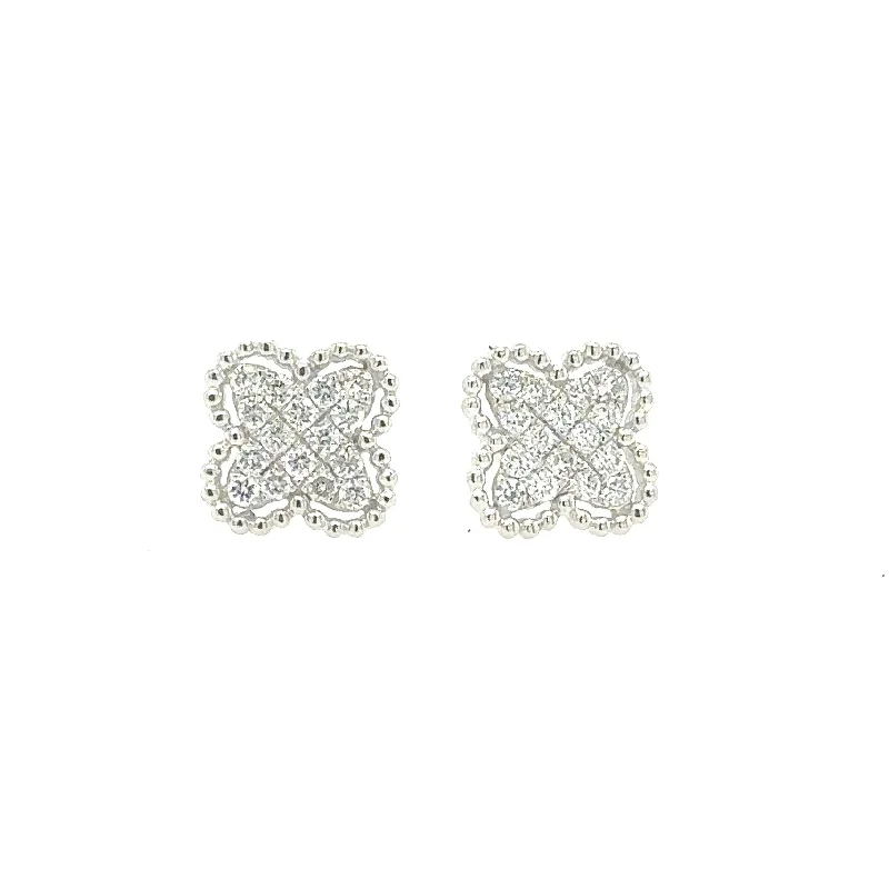 14K White Gold 0.28 Carat of Diamond Clustered Clover Stud Earrings