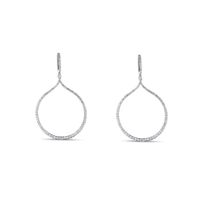 14K White Gold Round Diamond Wide Hollow Drop Dangle Earrings