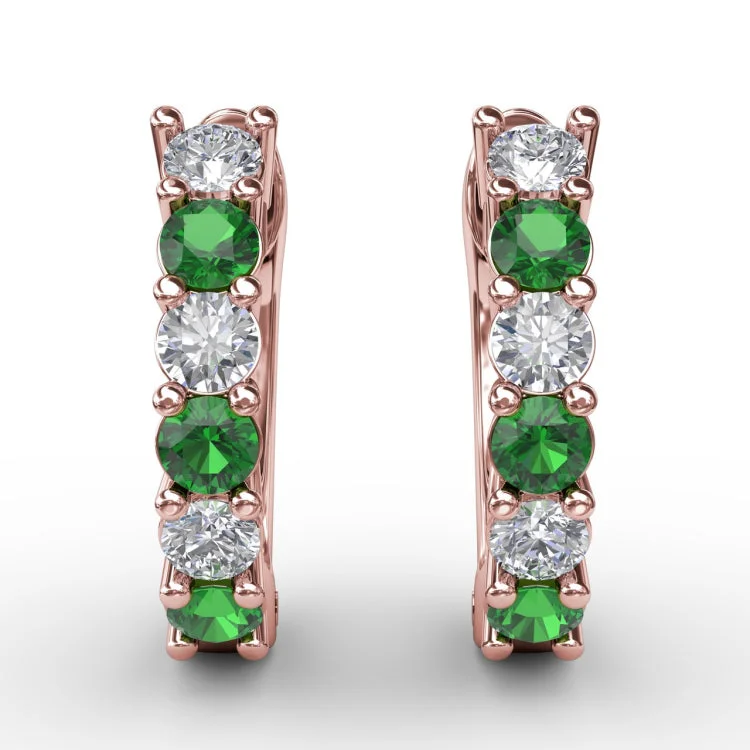 Shared Prong Emerald And Diamond Hoop Earrings