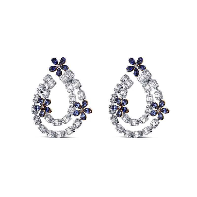 18K Two-Tone Diamond And Blue Sapphire Flower Drop Earrings